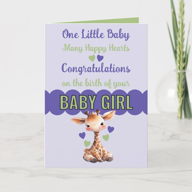 Congratulations baby girl cute giraffe purple card (Front)