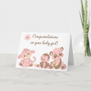 Congratulations Baby Girl New Animals Note Pink Card