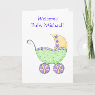 Congratulations Baby Name Personalised Green Buggy Card
