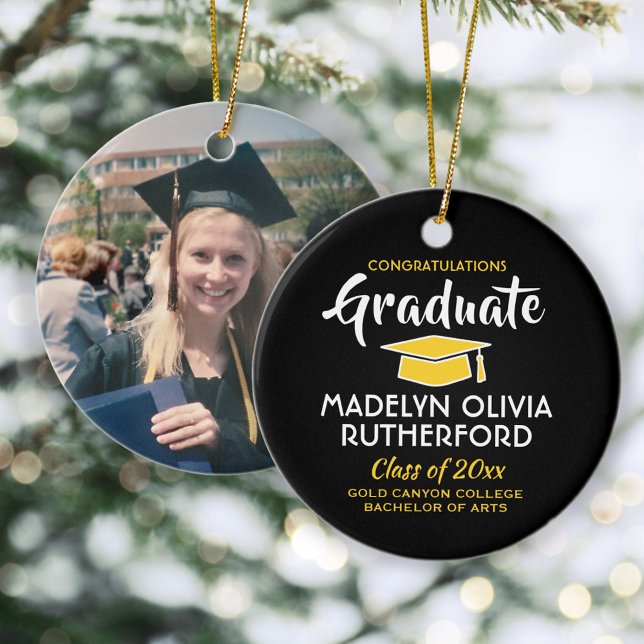 Congratulations Black and Gold Graduation Photo Ceramic Tree Decoration (Creator Uploaded)