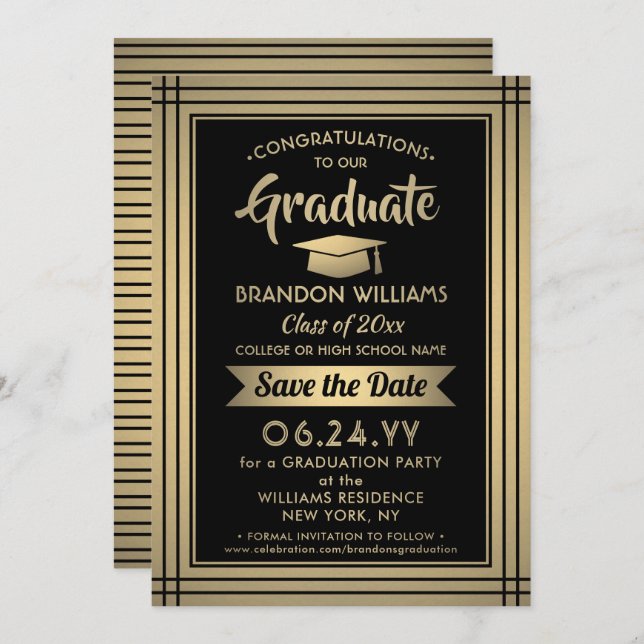 Congratulations Black and Gold Stripes Graduation Save The Date (Front/Back)