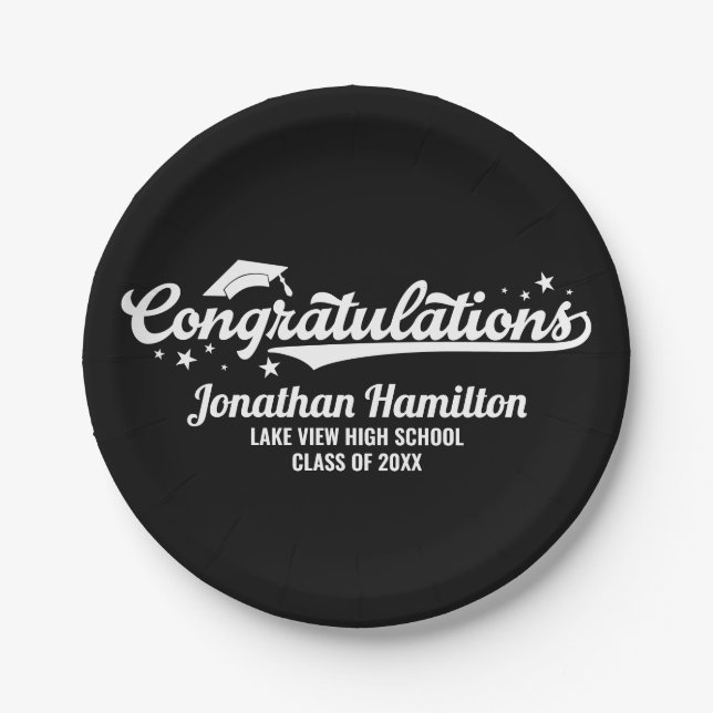 Congratulations Black Graduation Party Paper Plate (Front)