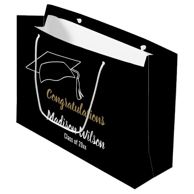 Congratulations Black White and Gold Graduation Large Gift Bag (Front Angled)