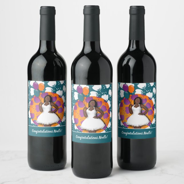 Congratulations! Black Woman, Balloons & Flowers Wine Label (Bottles)