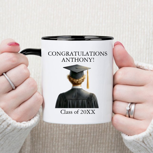 Congratulations Blonde Male Graduate in Black Gown Two-Tone Coffee Mug (Creator Uploaded)