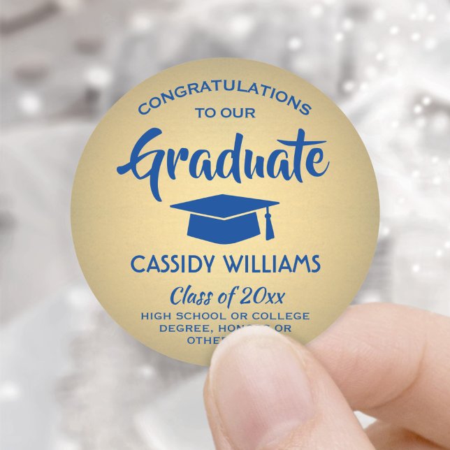 Congratulations Blue and Gold Faux Foil Graduation Classic Round Sticker (Creator Uploaded)