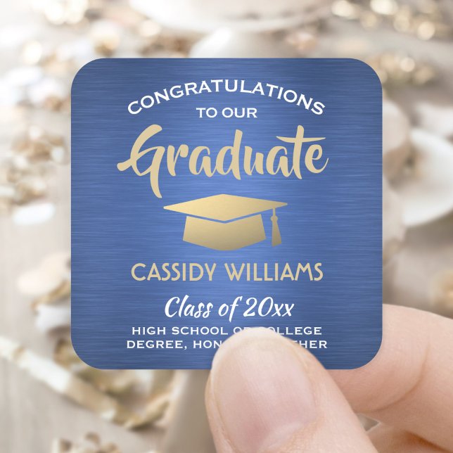Congratulations Blue Gold White Modern Graduation Square Sticker (Creator Uploaded)