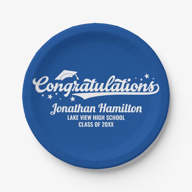 Congratulations Blue Graduation Party Paper Plate (Front)