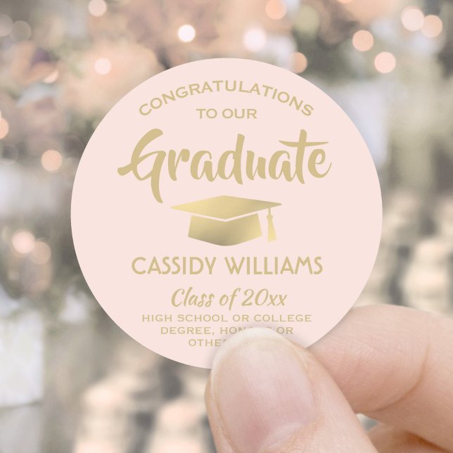 Congratulations Blush Pink and Gold Graduation Classic Round Sticker (Creator Uploaded)