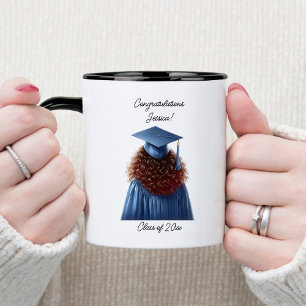 Congratulations Brunette Female Graduate in Blue Two-Tone Coffee Mug