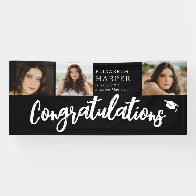 Congratulations Brush Script  3 Photo Graduation  Banner (Horizontal)