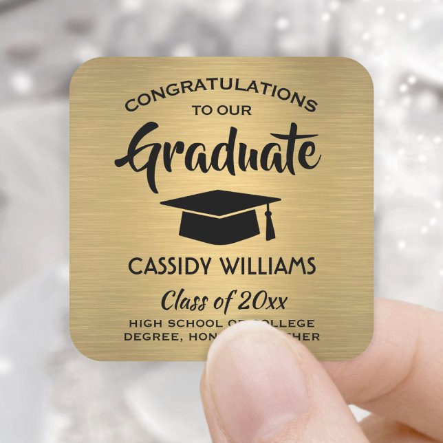 Congratulations Brushed Gold Faux Foil Graduation Square Sticker (Creator Uploaded)