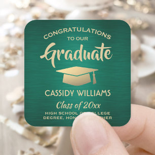 Congratulations Brushed Green and Gold Graduation Square Sticker