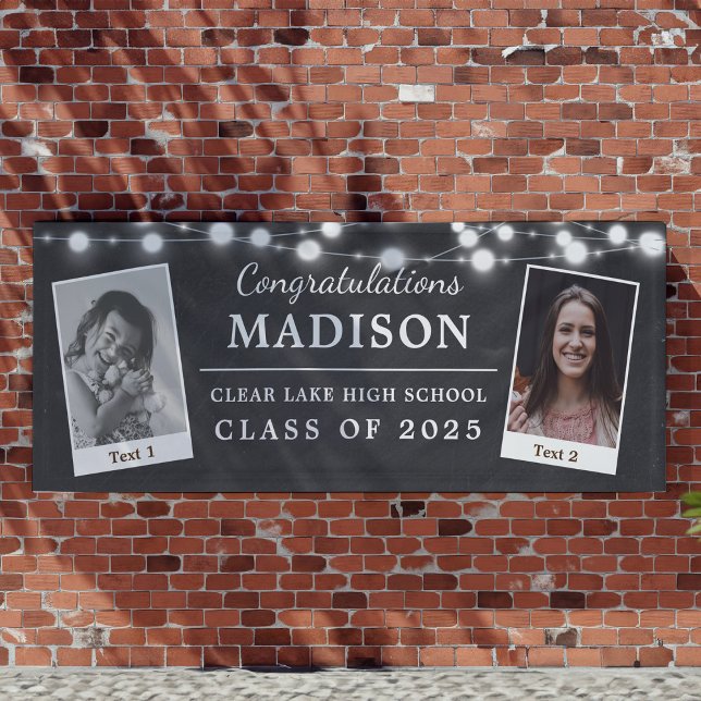 Congratulations Chalk String Lights Grad 2 - Photo Banner (Banner with "Congratulations Madison, Clear Lake High School, Class of 2025." Features two photos)
