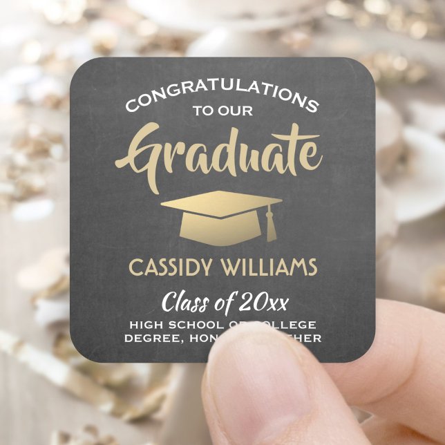 Congratulations Chalkboard Black & Gold Graduation Square Sticker (Creator Uploaded)