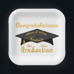 Congratulations Class of 2026 Graduate Black Cap Paper Plate<br><div class="desc">Congratulations Class of 2026 Graduate Black Cap Paper Party Plates paper plates / party plates Congratulations Class of 2026 Graduate Black Cap Party Plates with gold gold glitter looking text in my Fabric Font! ____________ Thank you all so much! And, THANK YOU to all of the teachers out there! My...</div>