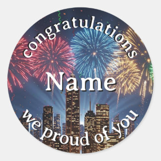 Congratulations Custom Name Fireworks City Skyline Classic Round Sticker
