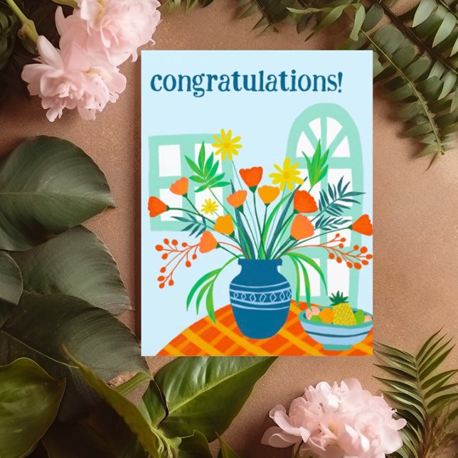 CONGRATULATIONS Cute Floral Bouquet Fun Custom Postcard (Colorful fun congratulations card with vase of flowers, customize this postcard with your own text)