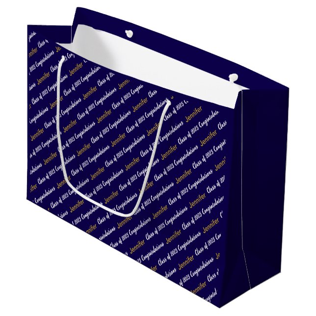 Congratulations Dark Blue White Gold Class of 2025 Large Gift Bag (Front Angled)
