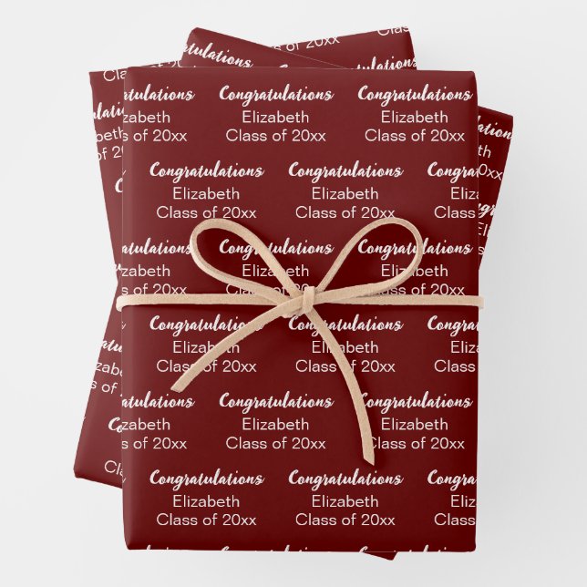 Congratulations Dark Red White Class of 20xx Name Wrapping Paper Sheet (In situ)
