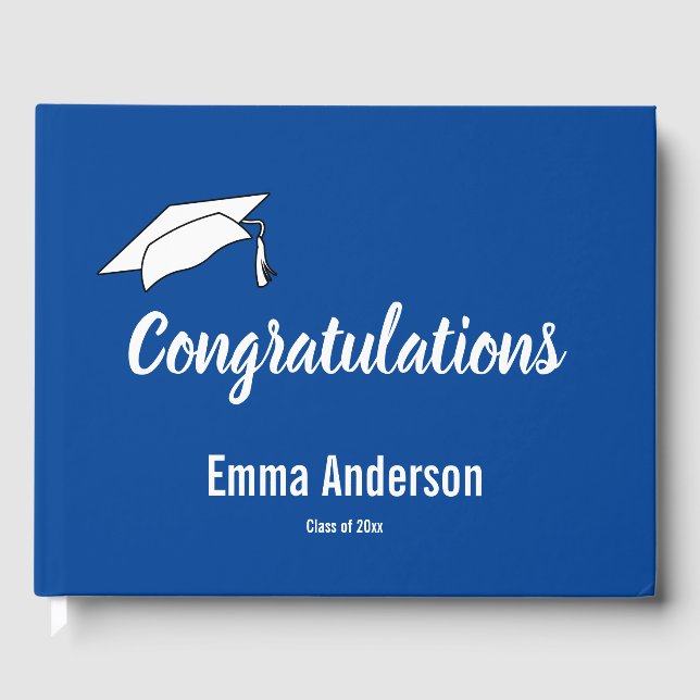 Congratulations Deep Blue and White Graduation Guest Book (Front)
