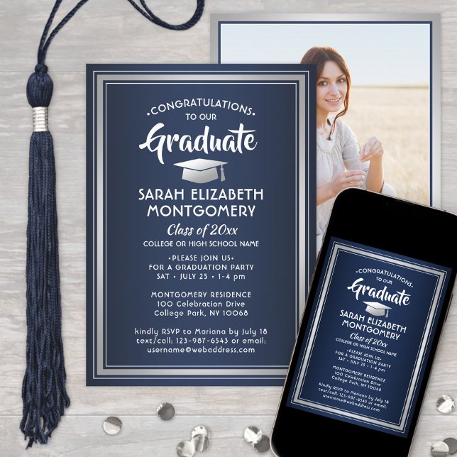Congratulations Elegant Navy Blue Graduation Photo Invitation (Creator Uploaded)