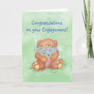 Congratulations Engagement Fun Teddy Bear Flowers Card