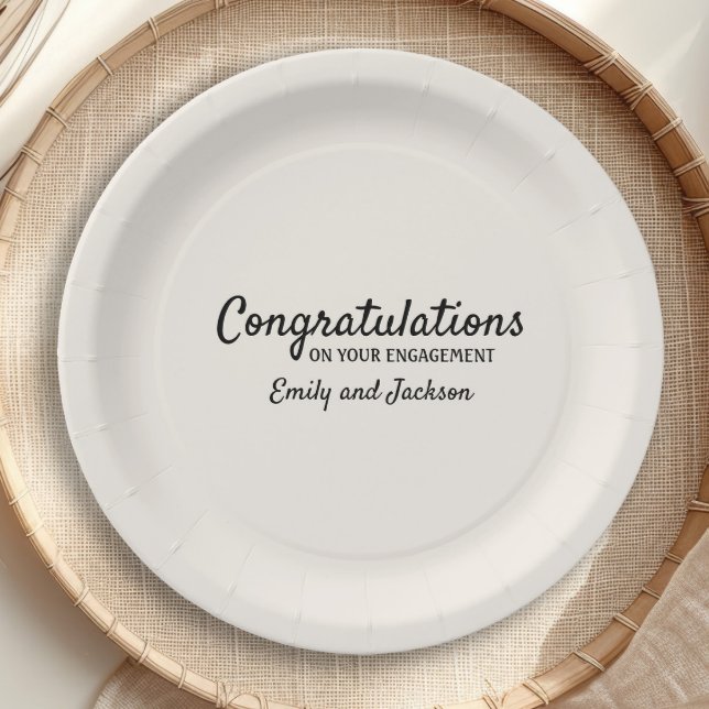Congratulations Engagement Script Name Cream White Paper Plate ("Congratulations on your engagement" custom paper plates)