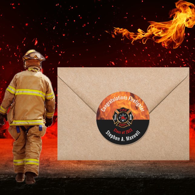 Congratulations Firefighter Flames Class | Name Classic Round Sticker (Creator Uploaded)