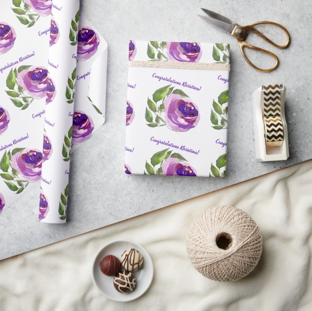 Congratulations Floral Watercolor Roses Pattern Wrapping Paper (Crafts)