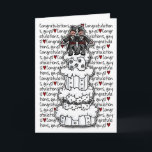 Congratulations - Gay Wedding Couple Card<br><div class="desc">2 cute grooms wearing tuxedos pose as a cake topper on a four-tier white wedding cake. On the background is a continuing "Congratulations,  guys!" with little red hearts. Perfect for congratulating a just married gay couple.</div>