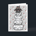 Congratulations - Gay Wedding Couple Card<br><div class="desc">2 cute grooms wearing tuxedos pose as a cake topper on a four-tier white wedding cake. On the background is a continuing "Congratulations,  guys!" with little red hearts. Perfect for congratulating a just married gay couple.</div>