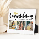 Congratulations Gold 3 Photo 2023 Graduation Plaque<br><div class="desc">Stylish 3 photo graduation plaque display sign with easel features "Congratulations" in trendy black calligraphy script with gold coloured grad cap and modern custom text for the graduate's name and class year. Add three favourite photos of the graduate to the square placeholder images. Clean white background colour.</div>