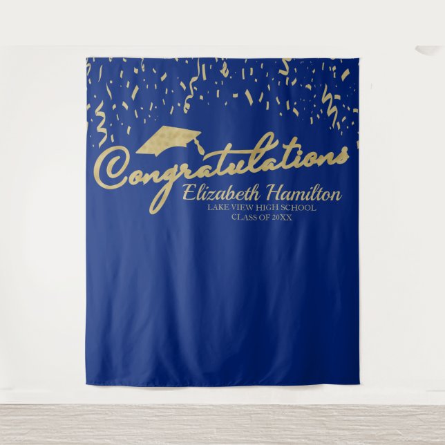 Congratulations Gold And Blue Graduation Backdrop Tapestry (Front)