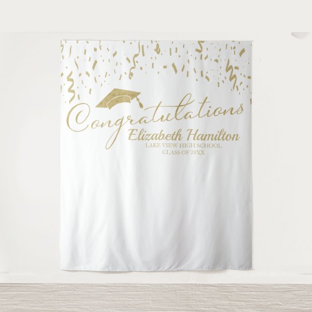 Congratulations Gold And White Graduation Backdrop Tapestry (Front)