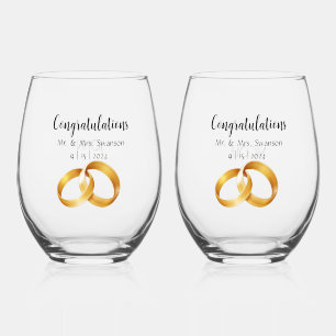 Congratulations Gold Bands, Set of 2 Stemless Wine Glass