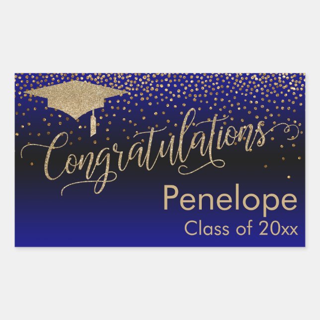 Congratulations Gold Confetti Graduation Blue Rectangular Sticker (Front)