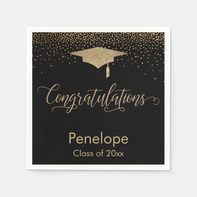 Congratulations Gold Confetti Graduation Cap Black Napkin (Front)