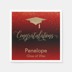 Congratulations Gold Confetti Graduation Cap Red Napkin
