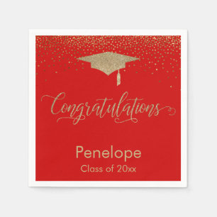 Congratulations Gold Confetti Graduation Cap Red Napkin