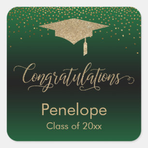 Congratulations Gold Confetti Graduation Green Square Sticker