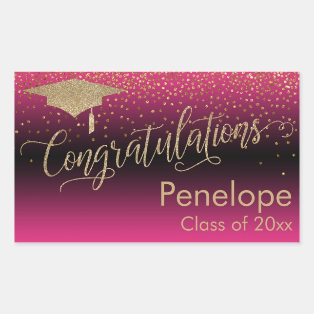 Congratulations Gold Confetti Graduation Hot Pink Rectangular Sticker (Front)