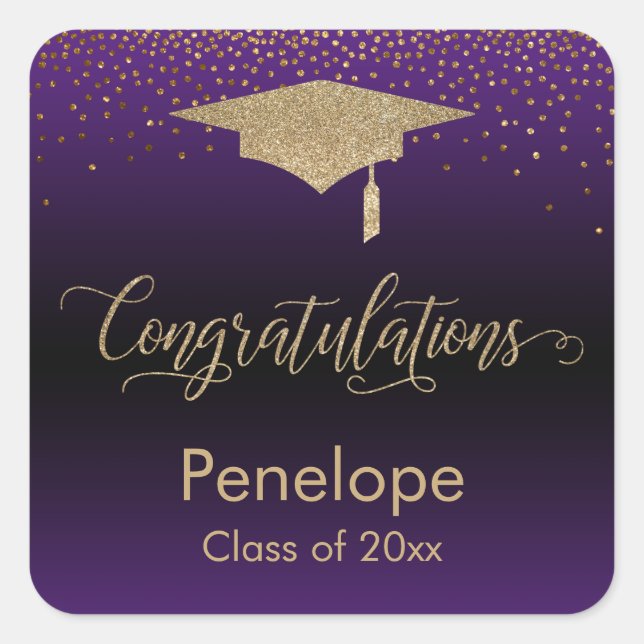 Congratulations Gold Confetti Graduation Purple Square Sticker (Front)
