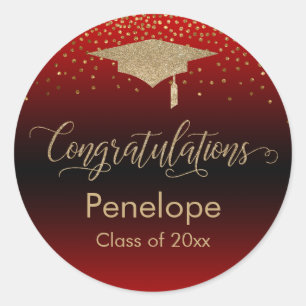 Congratulations Gold Confetti Graduation Red Classic Round Sticker