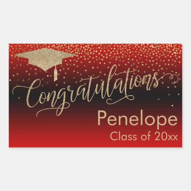 Congratulations Gold Confetti Graduation Red Rectangular Sticker (Front)