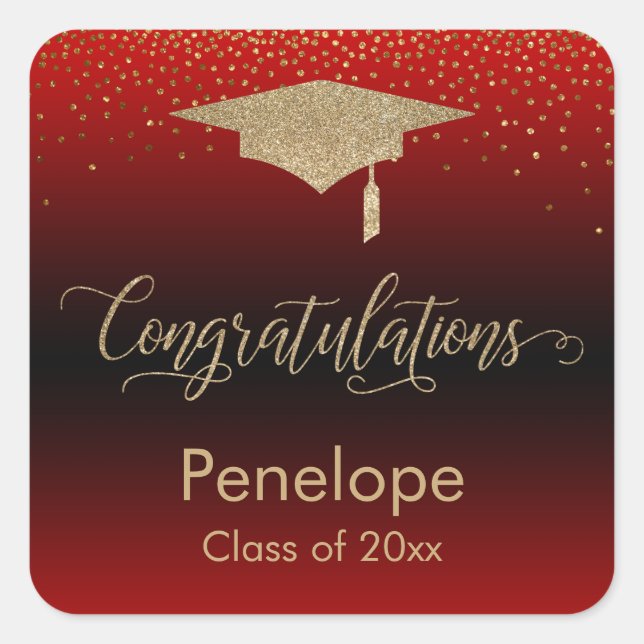 Congratulations Gold Confetti Graduation Red Square Sticker (Front)