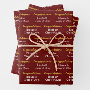 Congratulations Gold Dark Red Class of 20xx Name Wrapping Paper Sheet