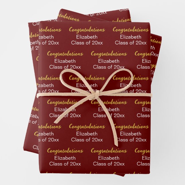 Congratulations Gold Dark Red Class of 20xx Name Wrapping Paper Sheet (In situ)