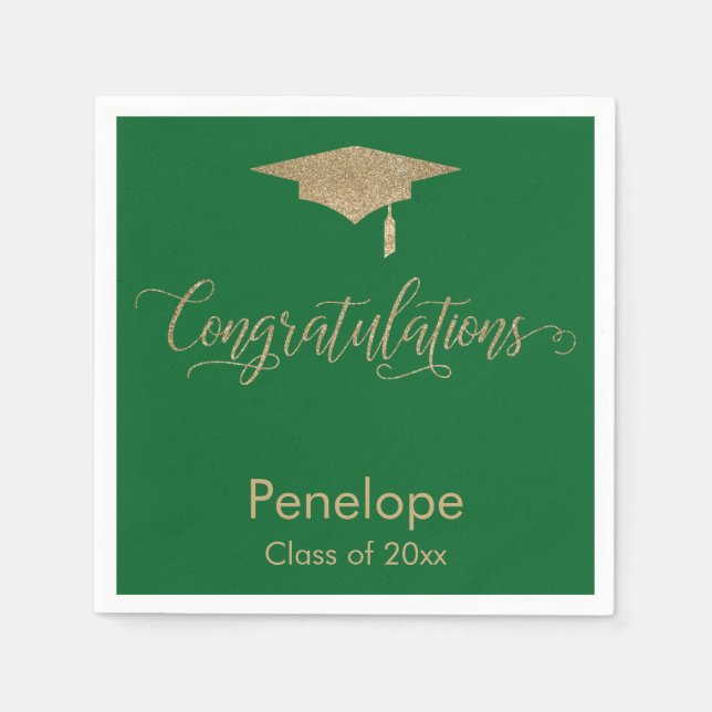 Congratulations Gold Glitter Graduation Cap, Green Napkin (Front)