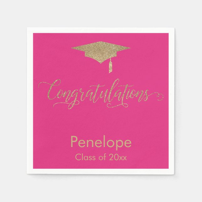 Congratulations Gold Glitter Graduation Cap Pink Napkin (Front)